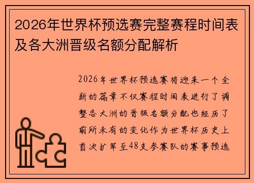2026年世界杯预选赛完整赛程时间表及各大洲晋级名额分配解析